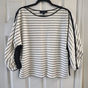 Laundry by Shelli Segal Black White Stripe Top Medium Shirt Ruched Lace Sleeves